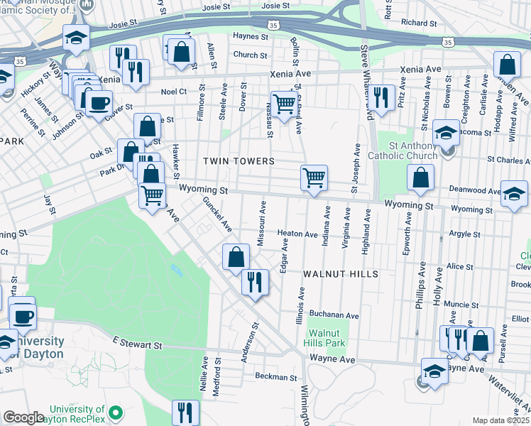 map of restaurants, bars, coffee shops, grocery stores, and more near 1104 Wyoming Street in Dayton