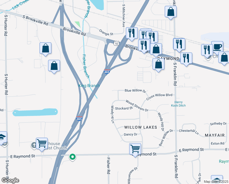 map of restaurants, bars, coffee shops, grocery stores, and more near 7540 Blue Willow Drive in Indianapolis
