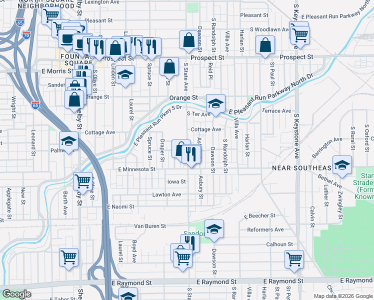 map of restaurants, bars, coffee shops, grocery stores, and more near 1518 Asbury Street in Indianapolis