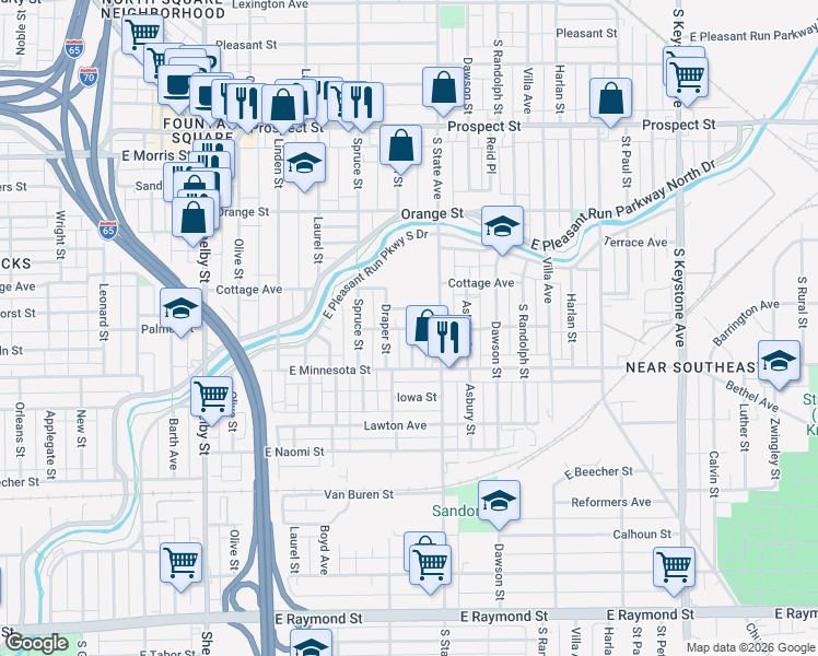 map of restaurants, bars, coffee shops, grocery stores, and more near 1621 Cottage Avenue in Indianapolis