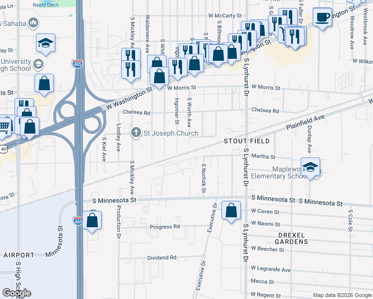 map of restaurants, bars, coffee shops, grocery stores, and more near 1403 Ingomar Street in Indianapolis