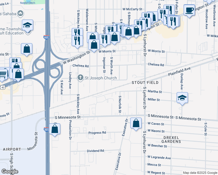 map of restaurants, bars, coffee shops, grocery stores, and more near 1403 Ingomar Street in Indianapolis