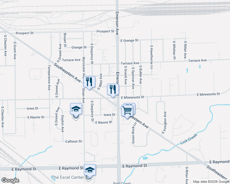 map of restaurants, bars, coffee shops, grocery stores, and more near 5050 Reeder Street in Indianapolis