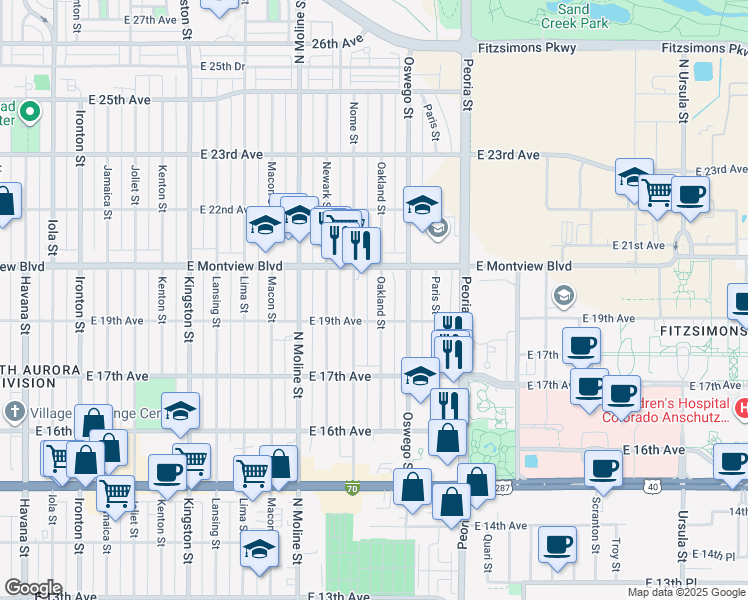 map of restaurants, bars, coffee shops, grocery stores, and more near 1982 Nome Street in Aurora