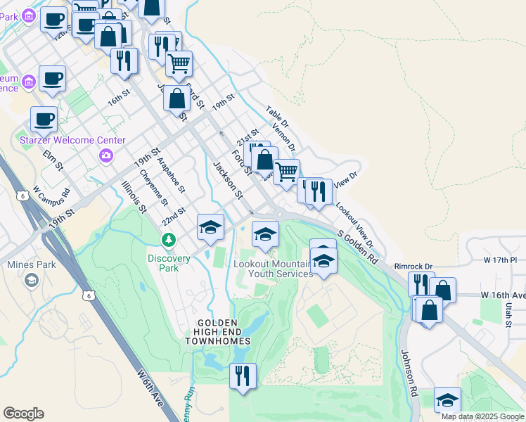 map of restaurants, bars, coffee shops, grocery stores, and more near 510 24th Street in Golden