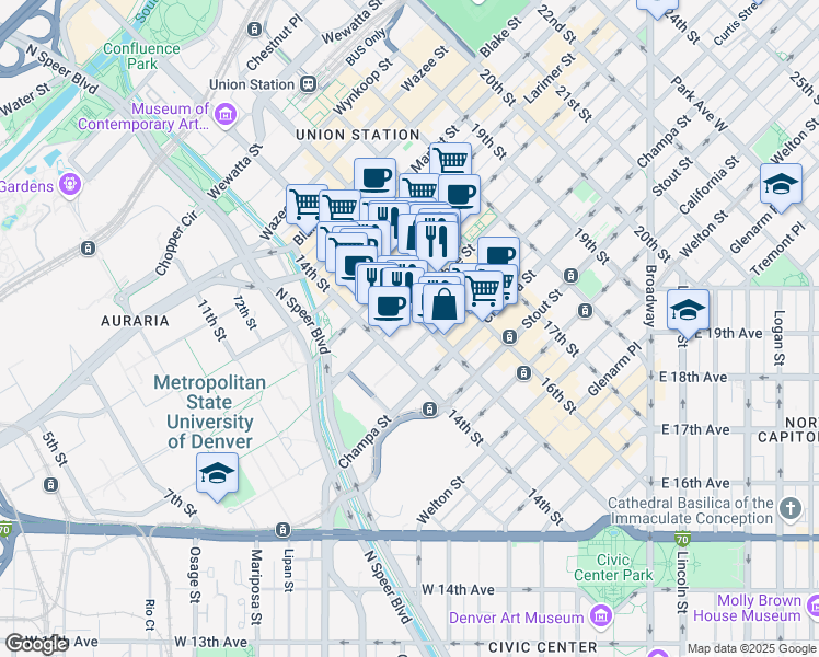map of restaurants, bars, coffee shops, grocery stores, and more near in Denver
