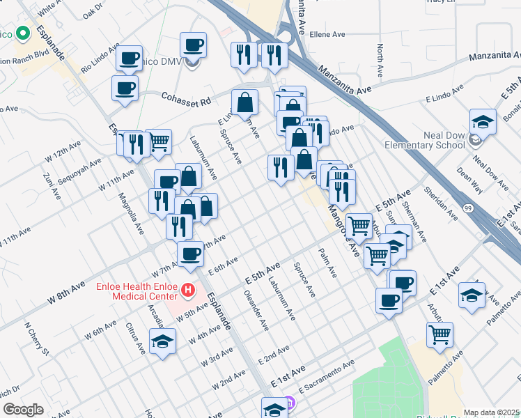 map of restaurants, bars, coffee shops, grocery stores, and more near 2 Spruce Avenue in Chico