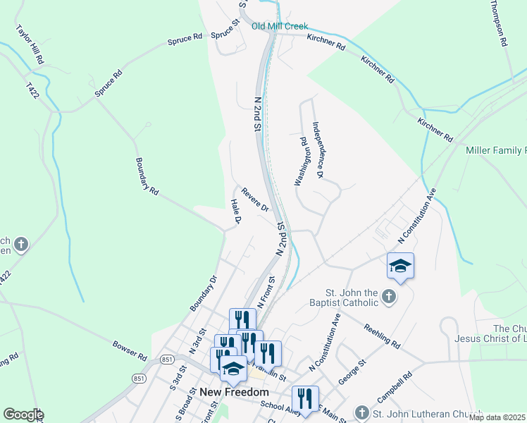 map of restaurants, bars, coffee shops, grocery stores, and more near 15636 Revere Drive in New Freedom