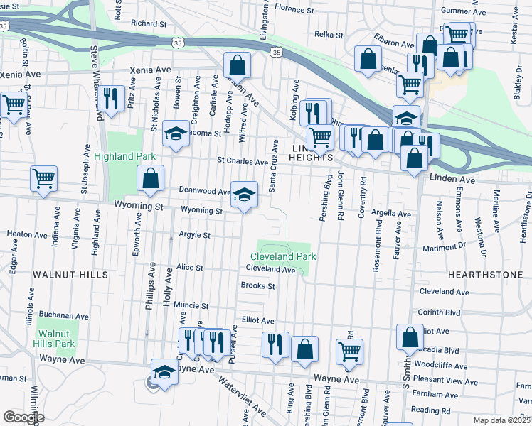 map of restaurants, bars, coffee shops, grocery stores, and more near 2466 Wyoming Street in Dayton