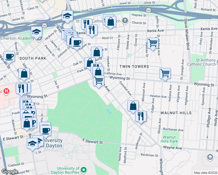 map of restaurants, bars, coffee shops, grocery stores, and more near 1542 Wayne Avenue in Dayton