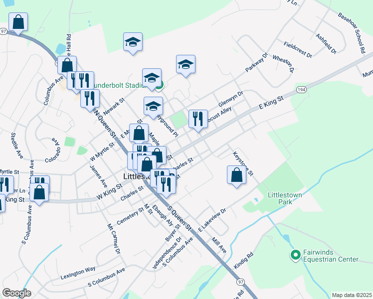 map of restaurants, bars, coffee shops, grocery stores, and more near 145 East King Street in Littlestown