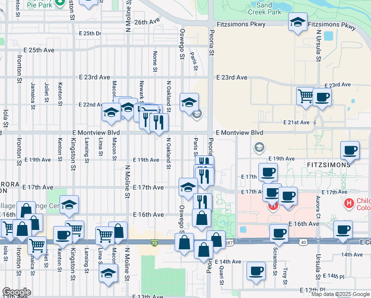 map of restaurants, bars, coffee shops, grocery stores, and more near 1942 Oswego Street in Aurora