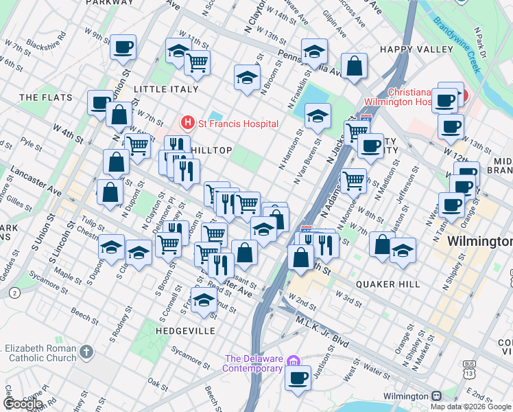 map of restaurants, bars, coffee shops, grocery stores, and more near 1207 West 6th Street in Wilmington