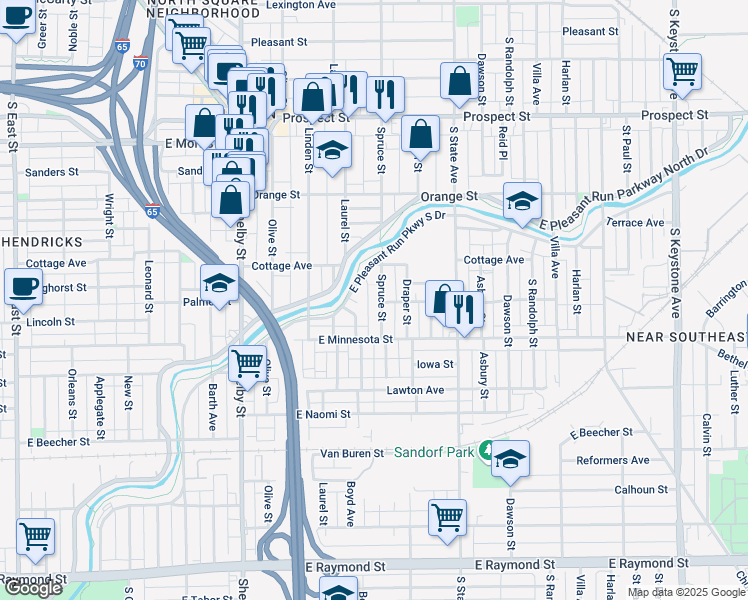 map of restaurants, bars, coffee shops, grocery stores, and more near 1536 Spruce Street in Indianapolis