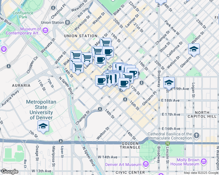 map of restaurants, bars, coffee shops, grocery stores, and more near 951 16th Street Mall in Denver