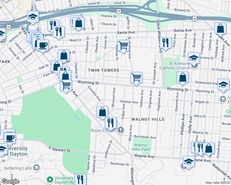map of restaurants, bars, coffee shops, grocery stores, and more near 1104 Wyoming Street in Dayton