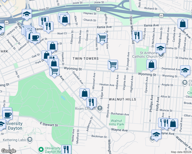 map of restaurants, bars, coffee shops, grocery stores, and more near 1104 Wyoming Street in Dayton