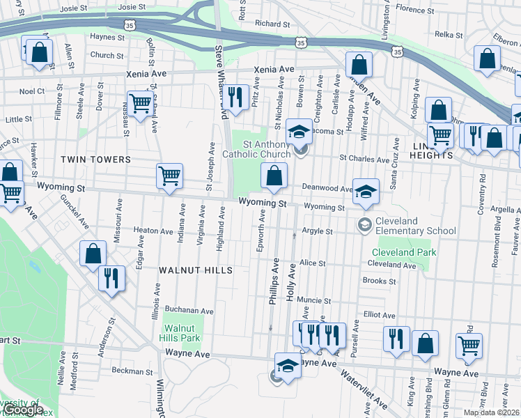 map of restaurants, bars, coffee shops, grocery stores, and more near 1809 Wyoming Street in Dayton
