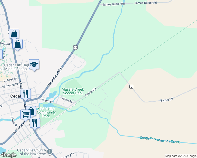map of restaurants, bars, coffee shops, grocery stores, and more near 3540 Barber Road in Cedarville