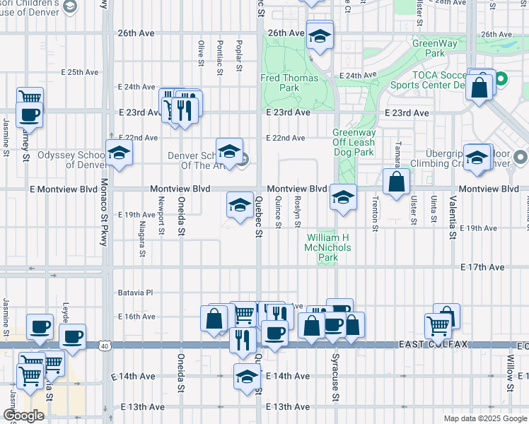 map of restaurants, bars, coffee shops, grocery stores, and more near 1940 Quebec Street in Denver