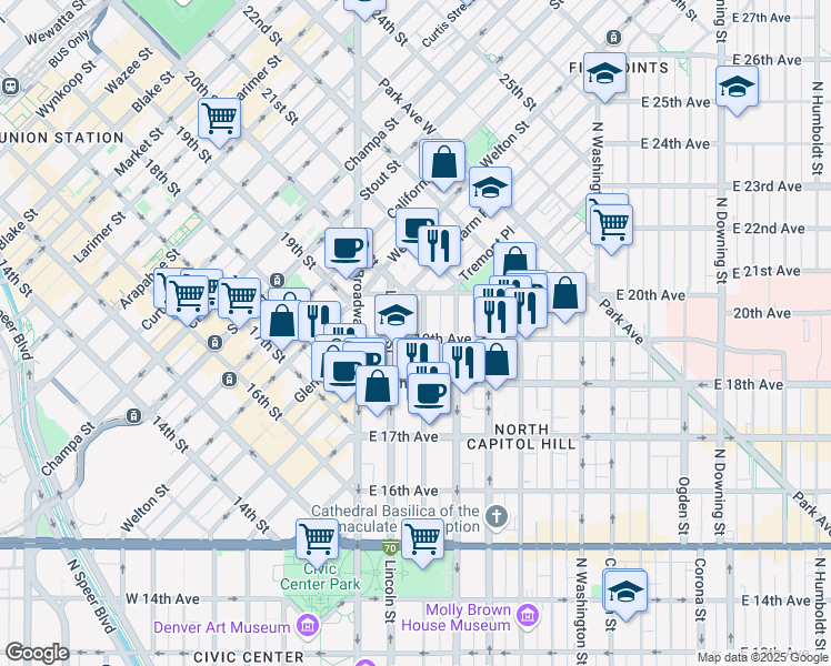 map of restaurants, bars, coffee shops, grocery stores, and more near 1955 Sherman Street in Denver