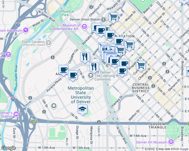map of restaurants, bars, coffee shops, grocery stores, and more near 1201 Larimer Street in Denver