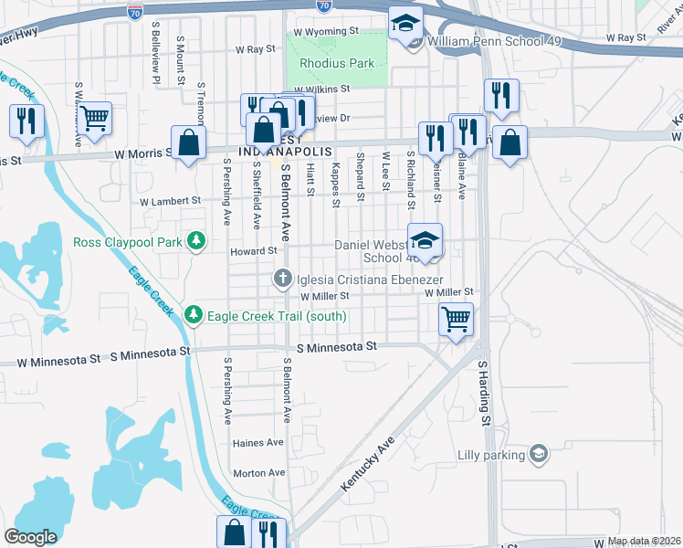 map of restaurants, bars, coffee shops, grocery stores, and more near 1412 Kappes Street in Indianapolis