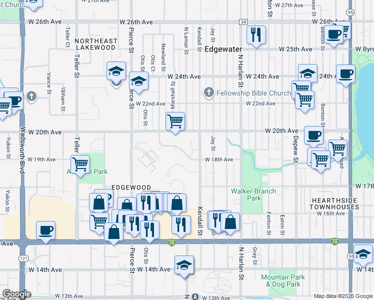map of restaurants, bars, coffee shops, grocery stores, and more near 6400 West 20th Avenue in Lakewood