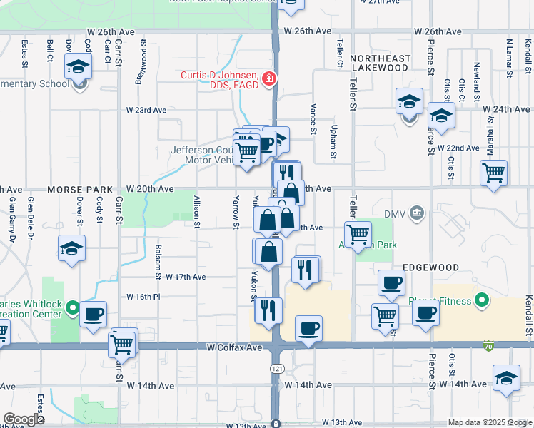 map of restaurants, bars, coffee shops, grocery stores, and more near 1940 Yukon Street in Lakewood