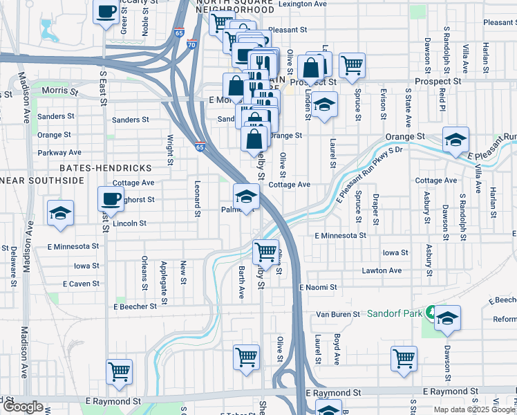 map of restaurants, bars, coffee shops, grocery stores, and more near 1537 Barth Avenue in Indianapolis