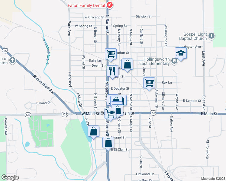map of restaurants, bars, coffee shops, grocery stores, and more near 100 East Decatur Street in Eaton