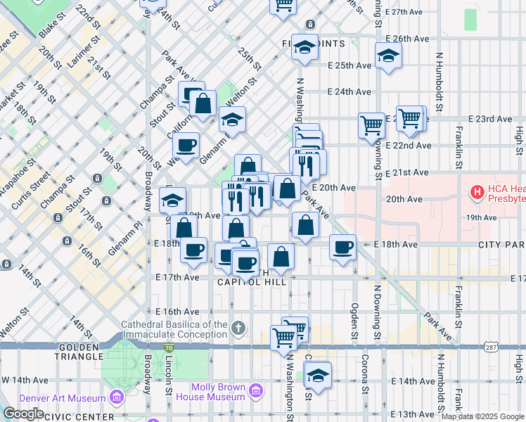 map of restaurants, bars, coffee shops, grocery stores, and more near in Denver