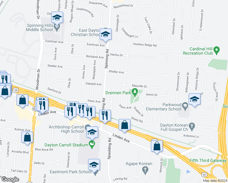 map of restaurants, bars, coffee shops, grocery stores, and more near 1158 Irmal Drive in Dayton