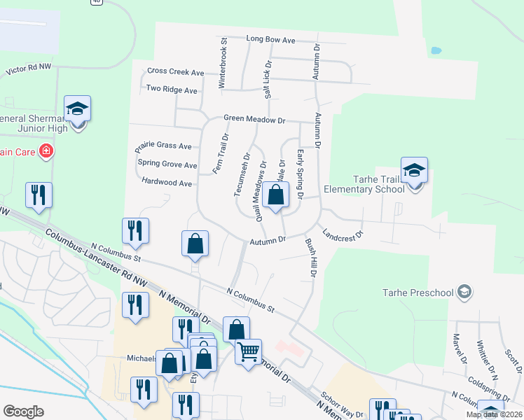 map of restaurants, bars, coffee shops, grocery stores, and more near 1652 Quail Meadows Drive in Lancaster