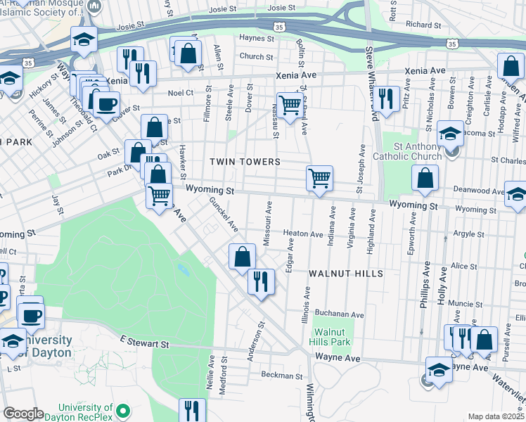 map of restaurants, bars, coffee shops, grocery stores, and more near 1104 Wyoming Street in Dayton
