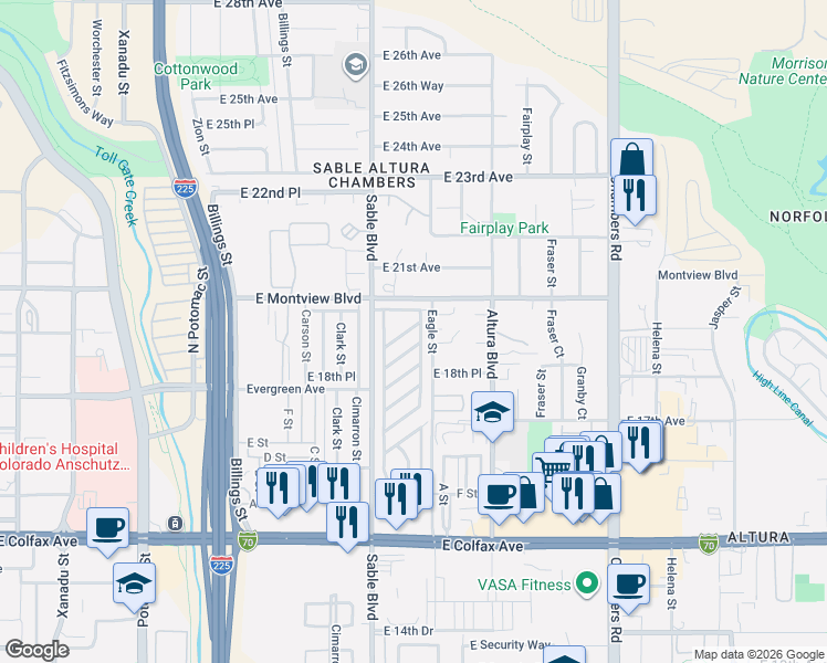 map of restaurants, bars, coffee shops, grocery stores, and more near 1600 Sable Boulevard in Aurora