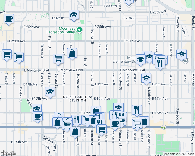 map of restaurants, bars, coffee shops, grocery stores, and more near 1980 Jamaica Street in Aurora