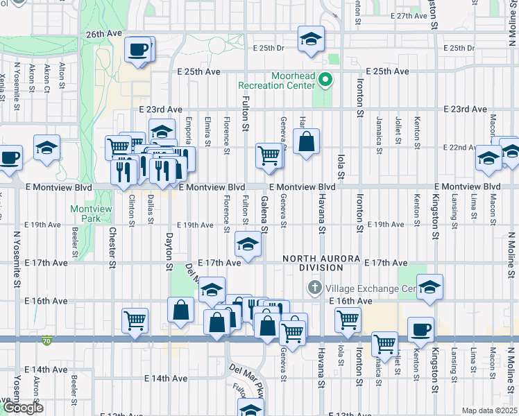 map of restaurants, bars, coffee shops, grocery stores, and more near 10190 East Montview Boulevard in Aurora