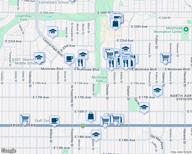 map of restaurants, bars, coffee shops, grocery stores, and more near 9282 East Montview Boulevard in Aurora