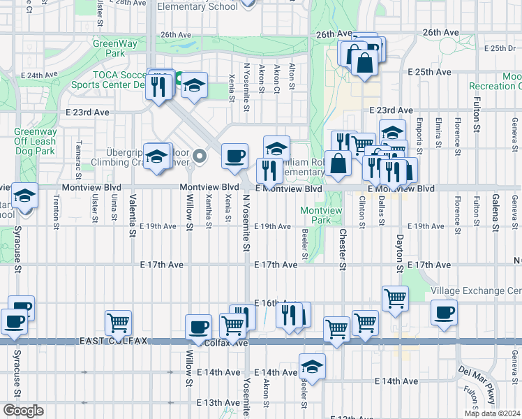 map of restaurants, bars, coffee shops, grocery stores, and more near in Aurora
