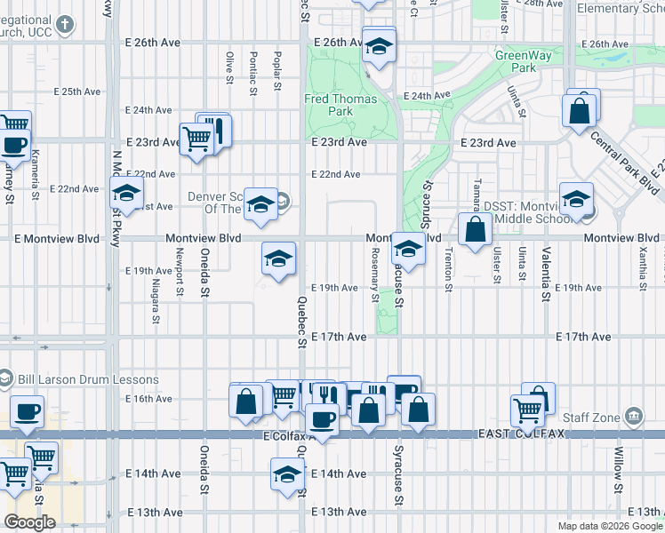 map of restaurants, bars, coffee shops, grocery stores, and more near 1985 Quince Street in Denver