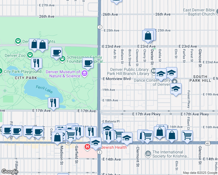map of restaurants, bars, coffee shops, grocery stores, and more near 4120 Montview Boulevard in Denver