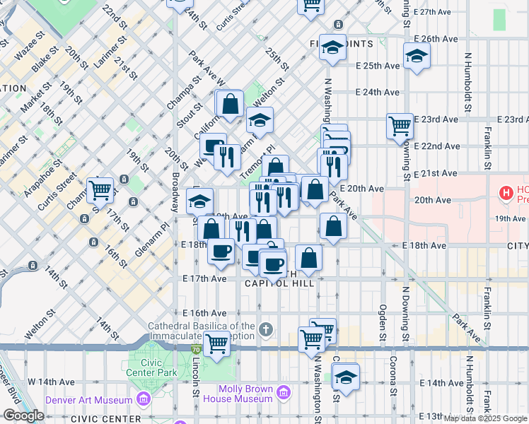 map of restaurants, bars, coffee shops, grocery stores, and more near 1958 Logan Street in Denver