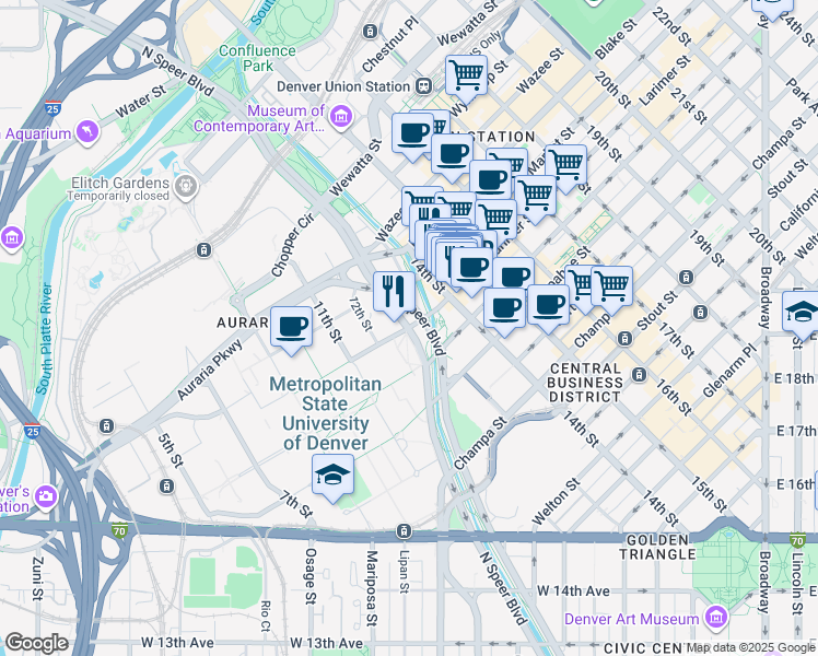 map of restaurants, bars, coffee shops, grocery stores, and more near 1320 Walnut Street in Denver