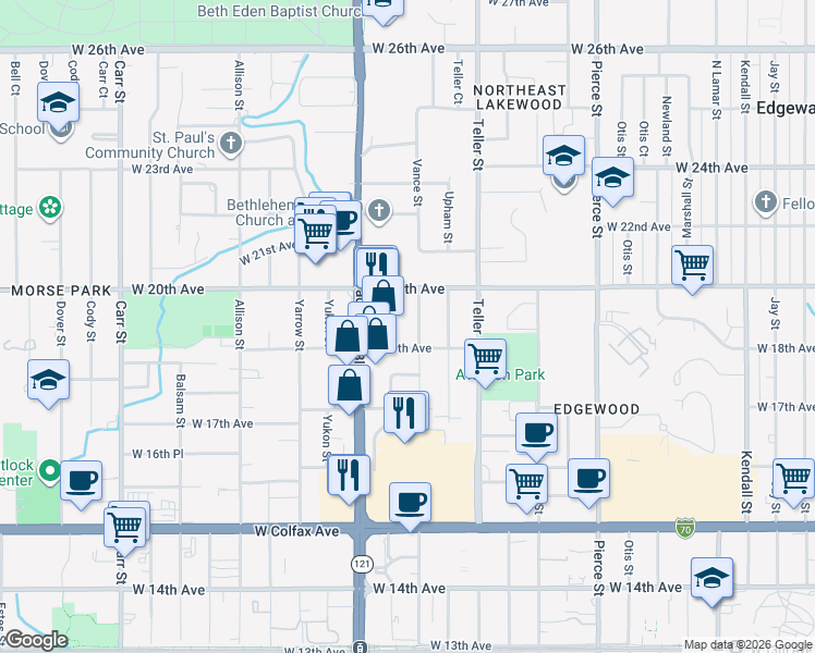 map of restaurants, bars, coffee shops, grocery stores, and more near 1975 Vance Street in Lakewood