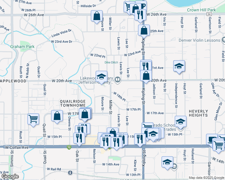 map of restaurants, bars, coffee shops, grocery stores, and more near 10200 West 20th Avenue in Lakewood