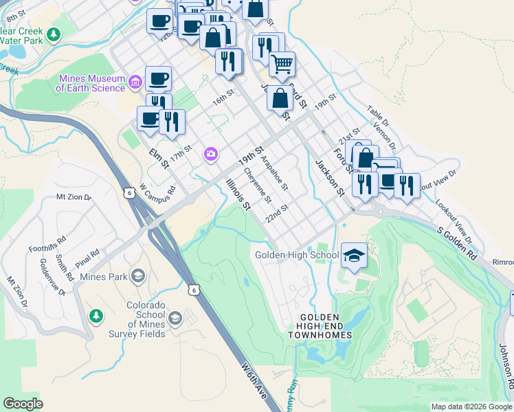 map of restaurants, bars, coffee shops, grocery stores, and more near 1012 21st Street in Golden