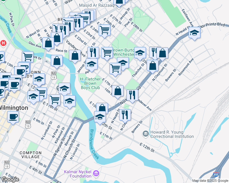 map of restaurants, bars, coffee shops, grocery stores, and more near 913 East 17th Street in Wilmington
