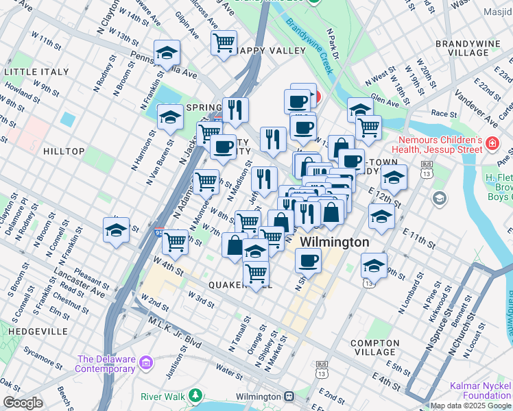map of restaurants, bars, coffee shops, grocery stores, and more near 603 West 9th Street in Wilmington