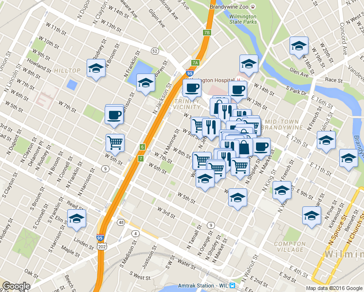 map of restaurants, bars, coffee shops, grocery stores, and more near 849 North Madison Street in Wilmington